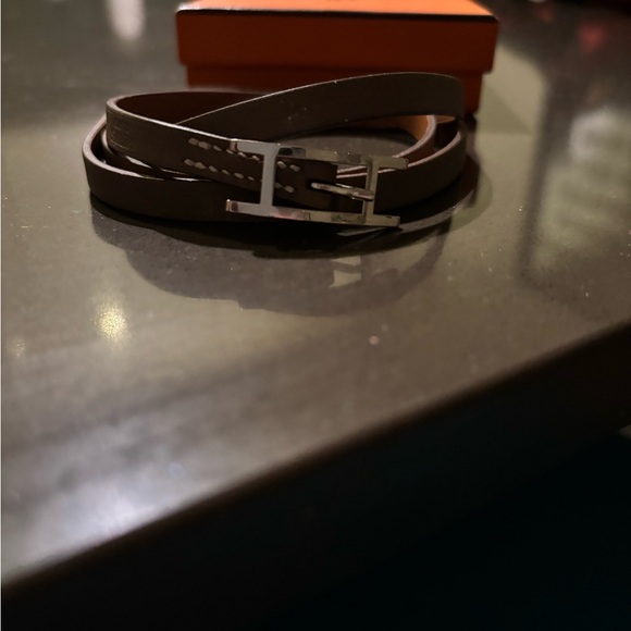 Hermes Men’s Brown Leather Belt Behalpi Bracelet with Silver Buckle - Picture 3 of 11